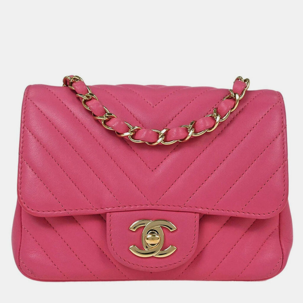 Chanel Pink Lambskin Chevron Mini Classic Square Flap Bag