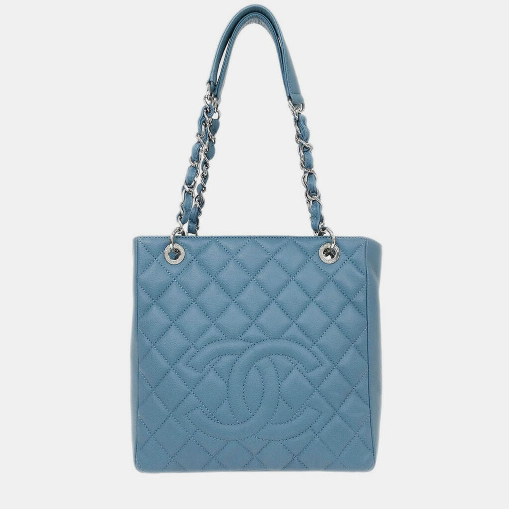 Chanel Light Blue Calfskin Petite Shopping Tote PST Chain Handbag Chanel Light Blue Calfskin Petite Shopping Tote PST Chain Handbag