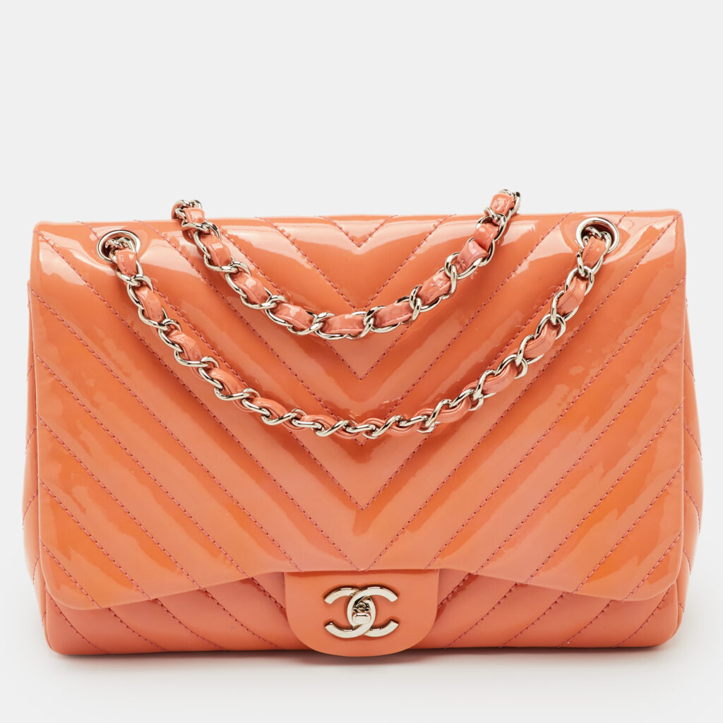 Chanel Peach Jumbo Chevron Patent Leather Classic Single Flap Bag Chanel Peach Jumbo Chevron Patent Leather Classic Single Flap Bag