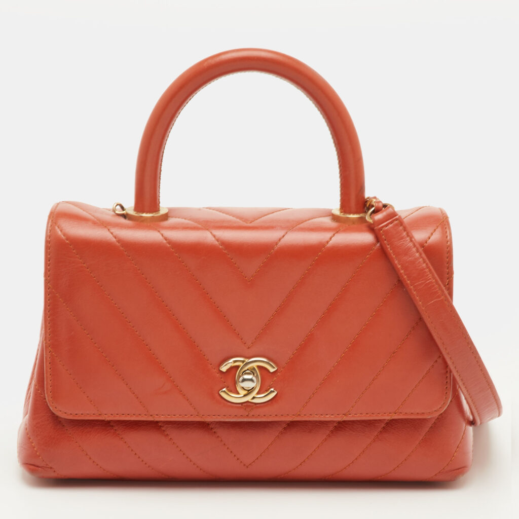 Chanel Mini Coco Orange Chevron Leather Top Handle Bag Chanel Mini Coco Orange Chevron Leather Top Handle Bag