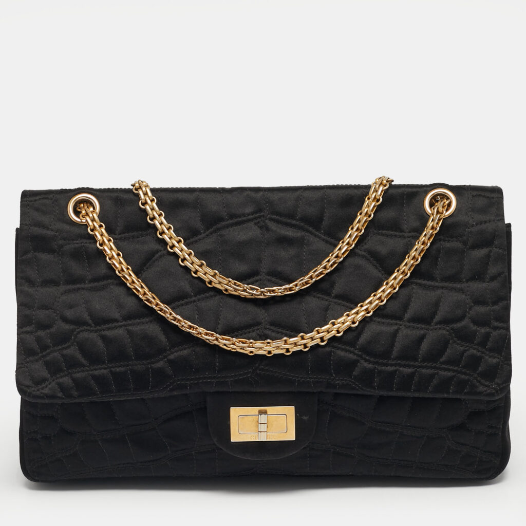Chanel Reissue 2.55 227 Black Croc Effect Satin Flap Bag Chanel Reissue 2.55 227 Black Croc Effect Satin Flap Bag
