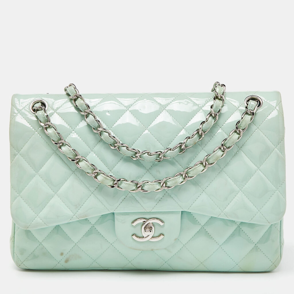 luxury-women-chanel-used-handbags-p941840-014-1.jpg Chanel Green Quilted Patent Leather Jumbo Classic Double Flap Bag