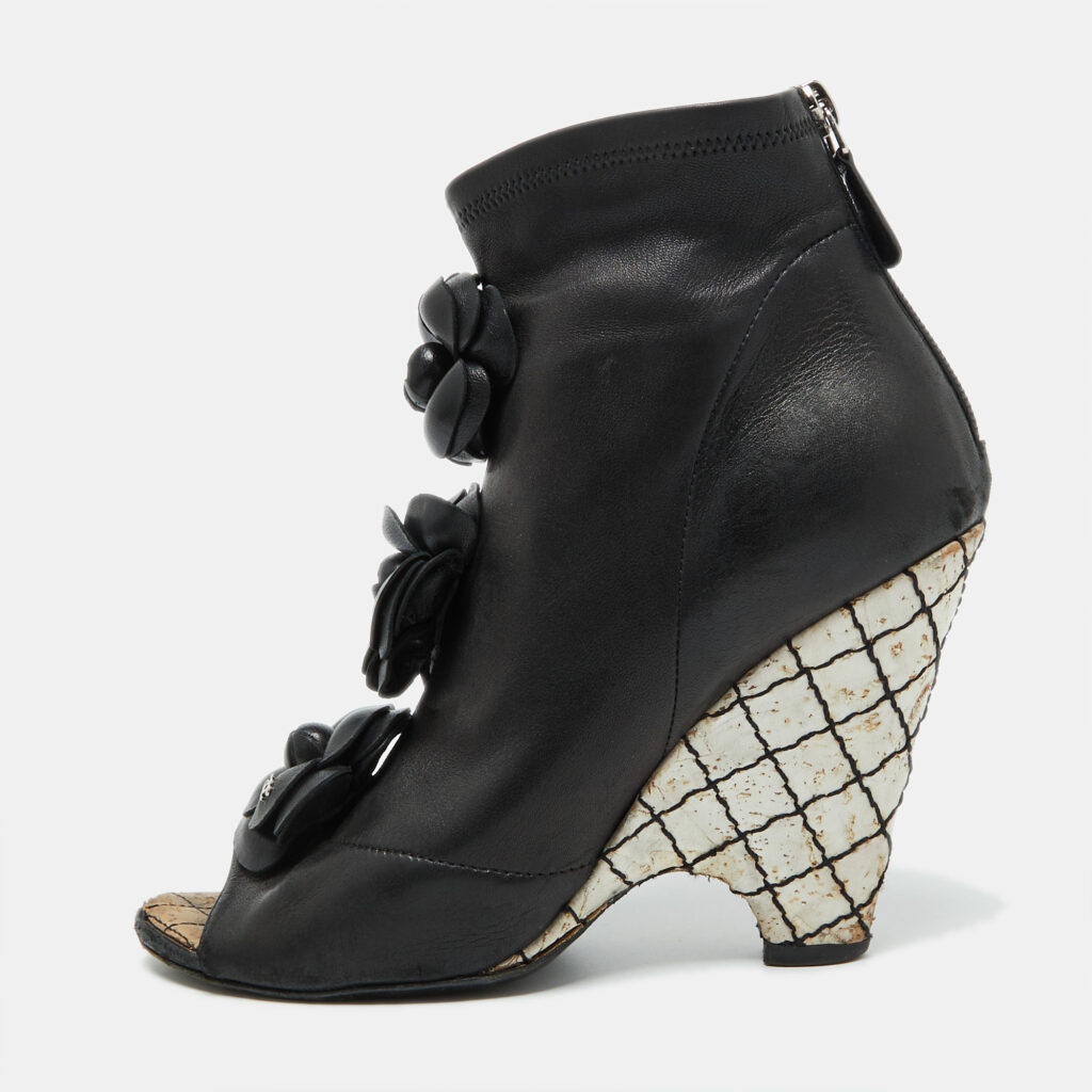 Chanel Black Leather CC Camellia Ankle Cork Wedge Boots Size 39 Chanel Black Leather CC Camellia Ankle Cork Wedge Boots Size 39