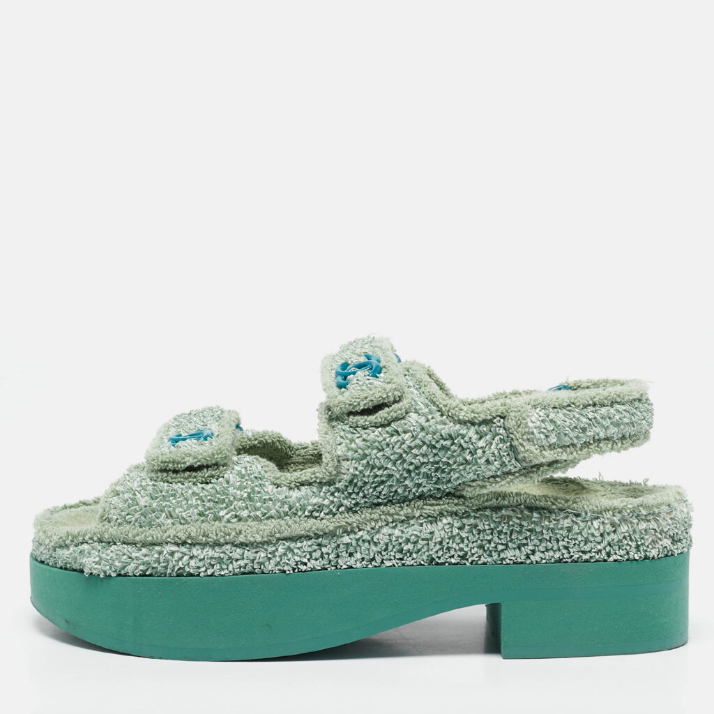 Chanel Green Fabric and Nylon Dad Slingback Sandals Size 38 Chanel Green Fabric and Nylon Dad Slingback Sandals Size 38