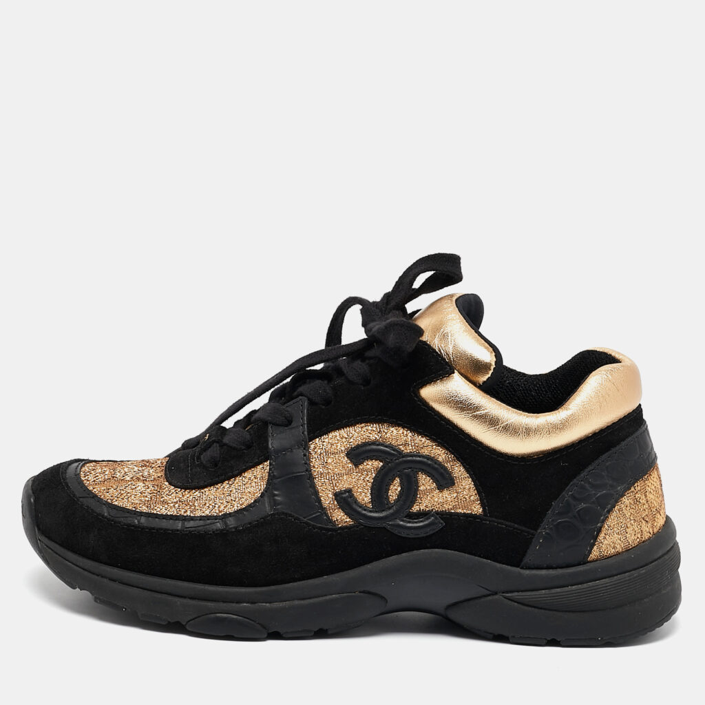 luxury-women-chanel-used-shoes-p1112476-009-1.jpg Chanel Gold/Black Fabric and Suede CC Low Top Sneakers Size 36