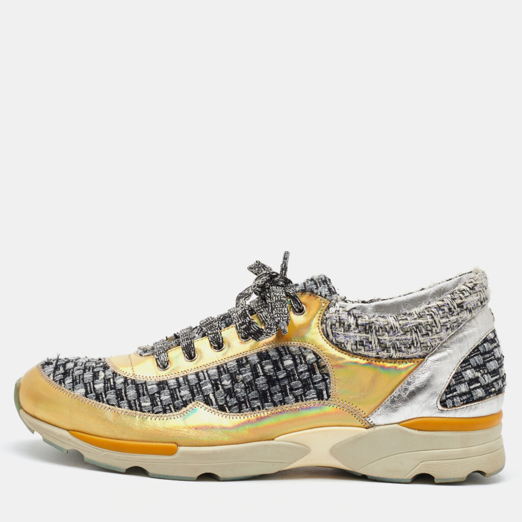 Chanel Gold/Grey Leather and Tweed CC Low Top Sneakers Size 41.5
