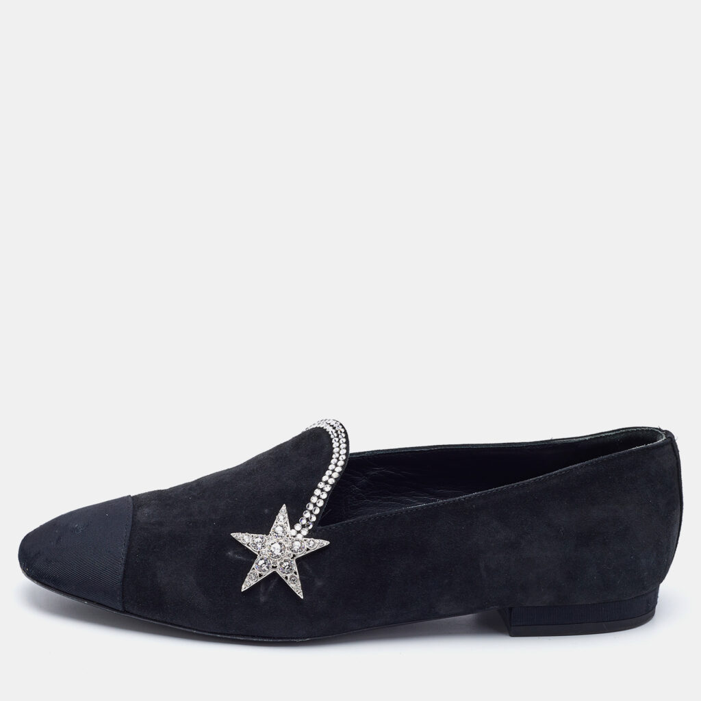 Chanel Black Canvas and Suede Star and Crystal Embellished Ballet Flats Size 36.5 Chanel Black Canvas and Suede Star and Crystal Embellished Ballet Flats Size 36.5
