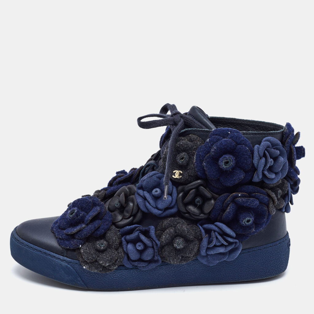 Chanel Black/Blue Leather CC Camellia High Top Sneakers Size 38