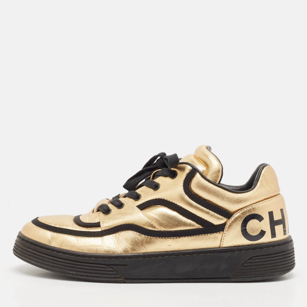 Chanel Black/Gold Leather CC Lace Up Sneakers Size 38