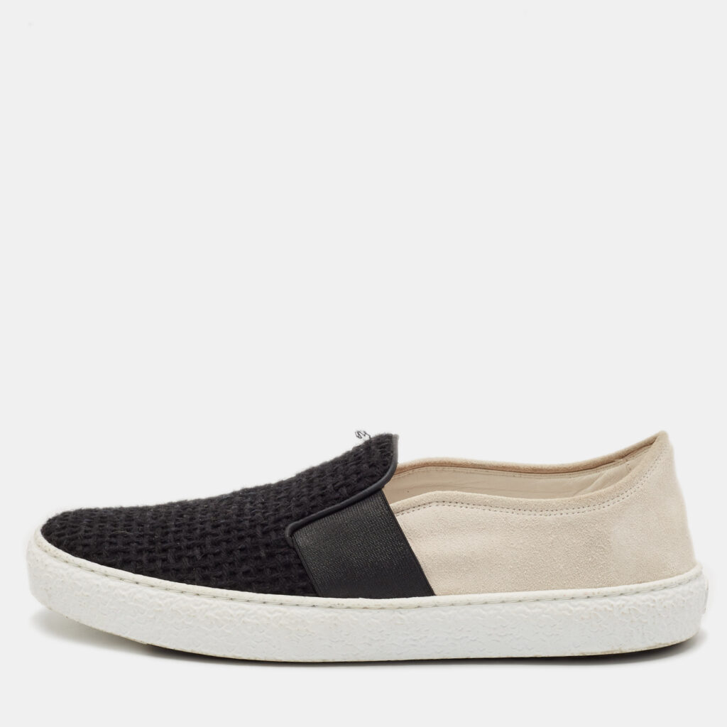 Chanel Black/White Tweed And Suede Slip On Sneakers Size 39