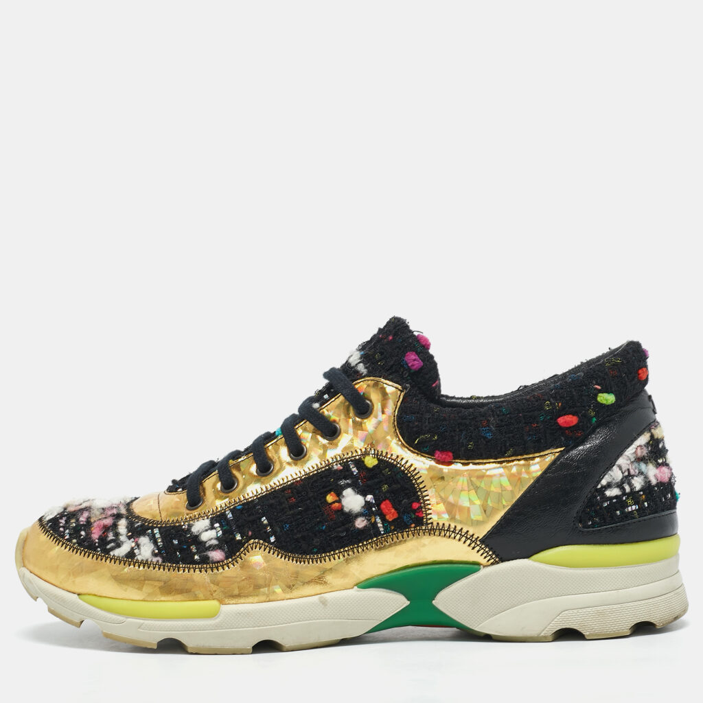 luxury-women-chanel-used-shoes-p1132114-007-1.jpg Chanel Multicolor Tweed and Leather Lace Up Sneakers Size 38