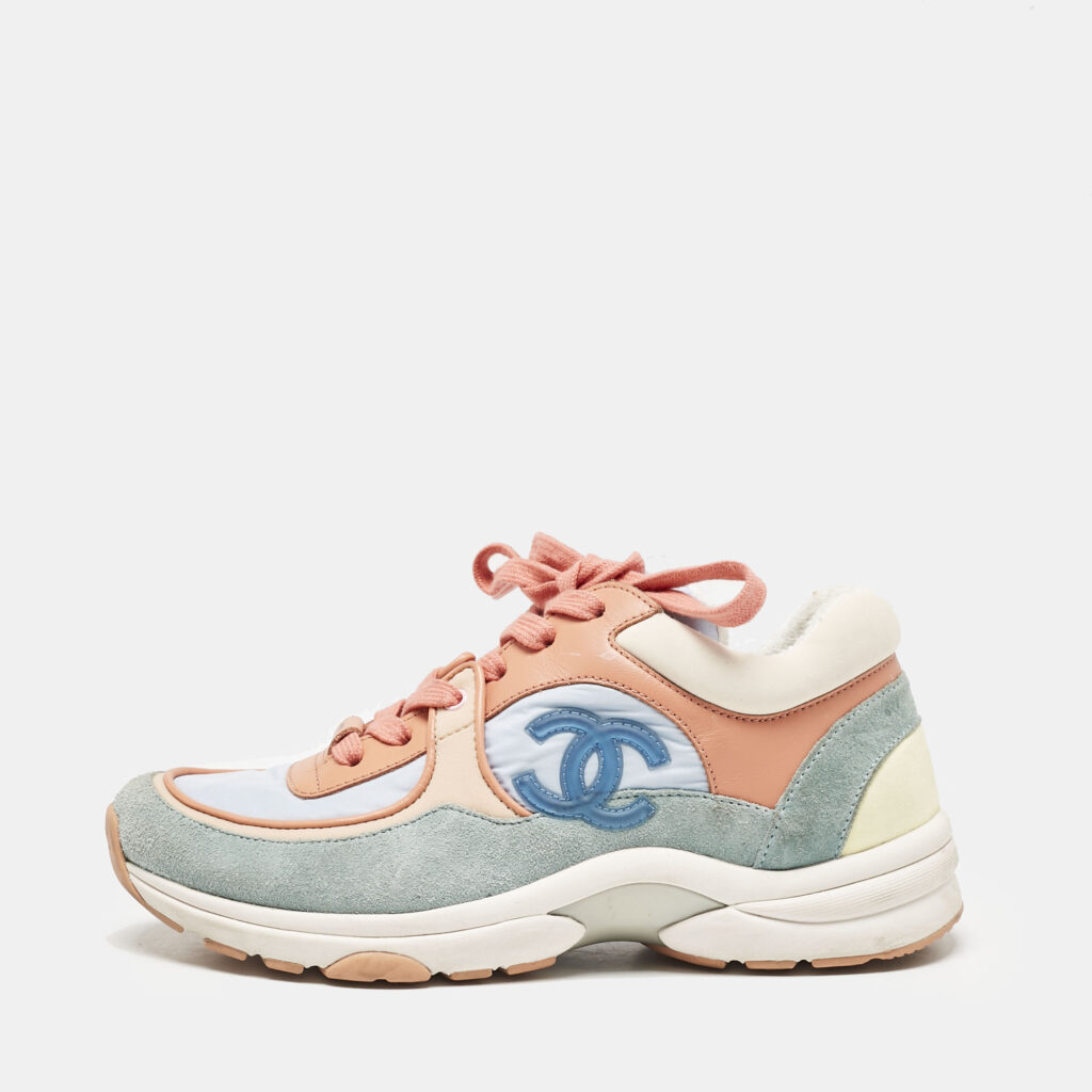Chanel Multicolor Nylon And Leather CC Logo Lace Up Sneakers Size 35 Chanel Multicolor Nylon And Leather CC Logo Lace Up Sneakers Size 35