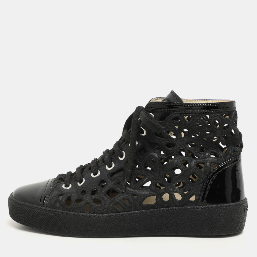 Chanel Black Cut Out Leather CC Cap Toe High Top Sneakers Size 36.5 Chanel Black Cut Out Leather CC Cap Toe High Top Sneakers Size 36.5