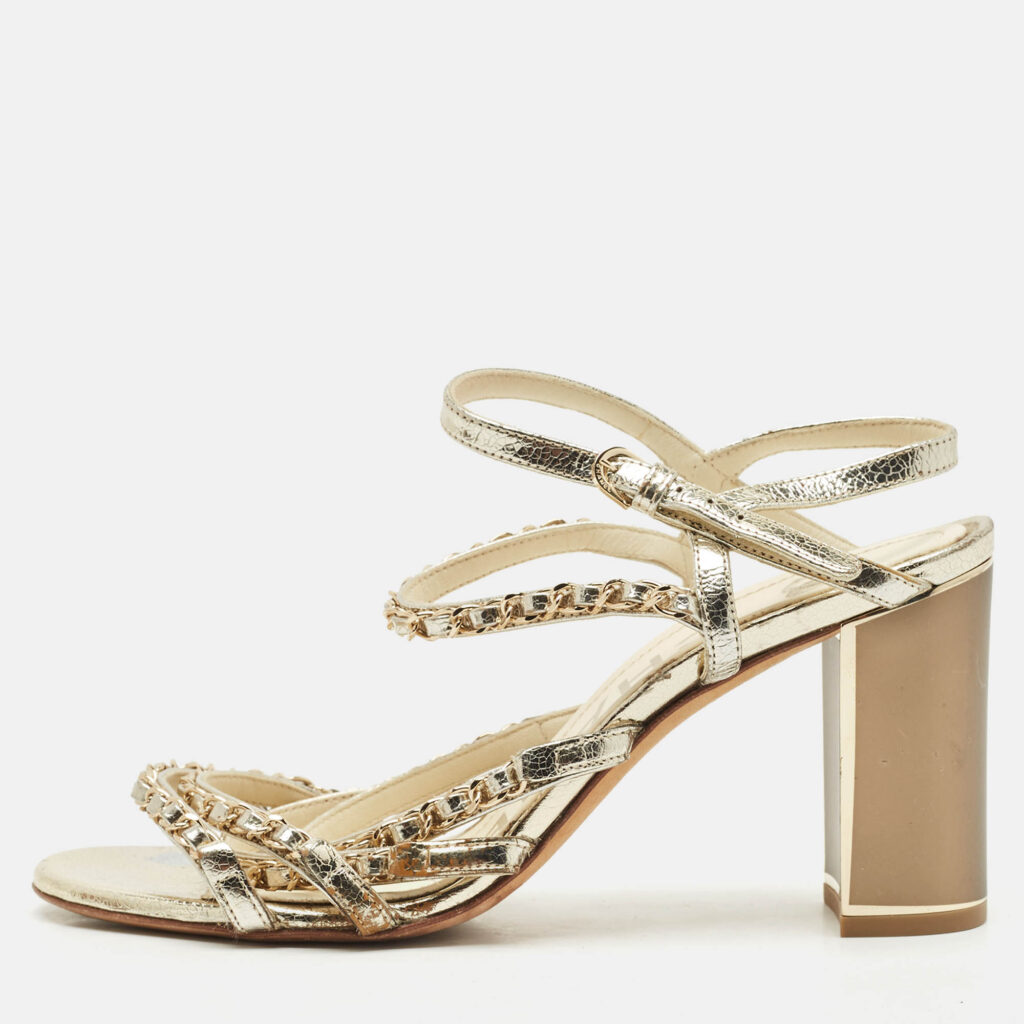 luxury-women-chanel-used-shoes-p1167825-010-1.jpg Chanel Gold Leather Chain Embellished Ankle Strap Sandals Size 39.5