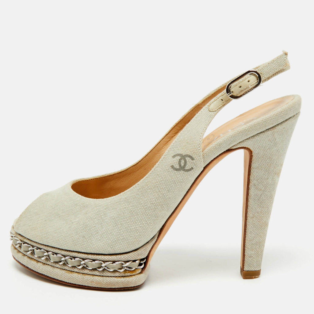 Chanel Grey Canvas Peep Toe Slingback Platform Sandals Size 37.5