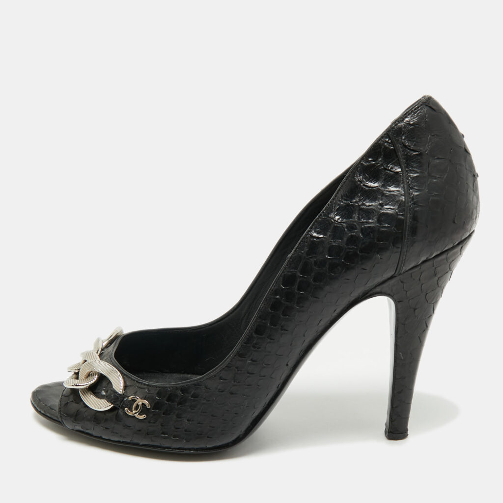 Chanel Black Python CC Chain Link Detail Open Toe Pumps Size 38