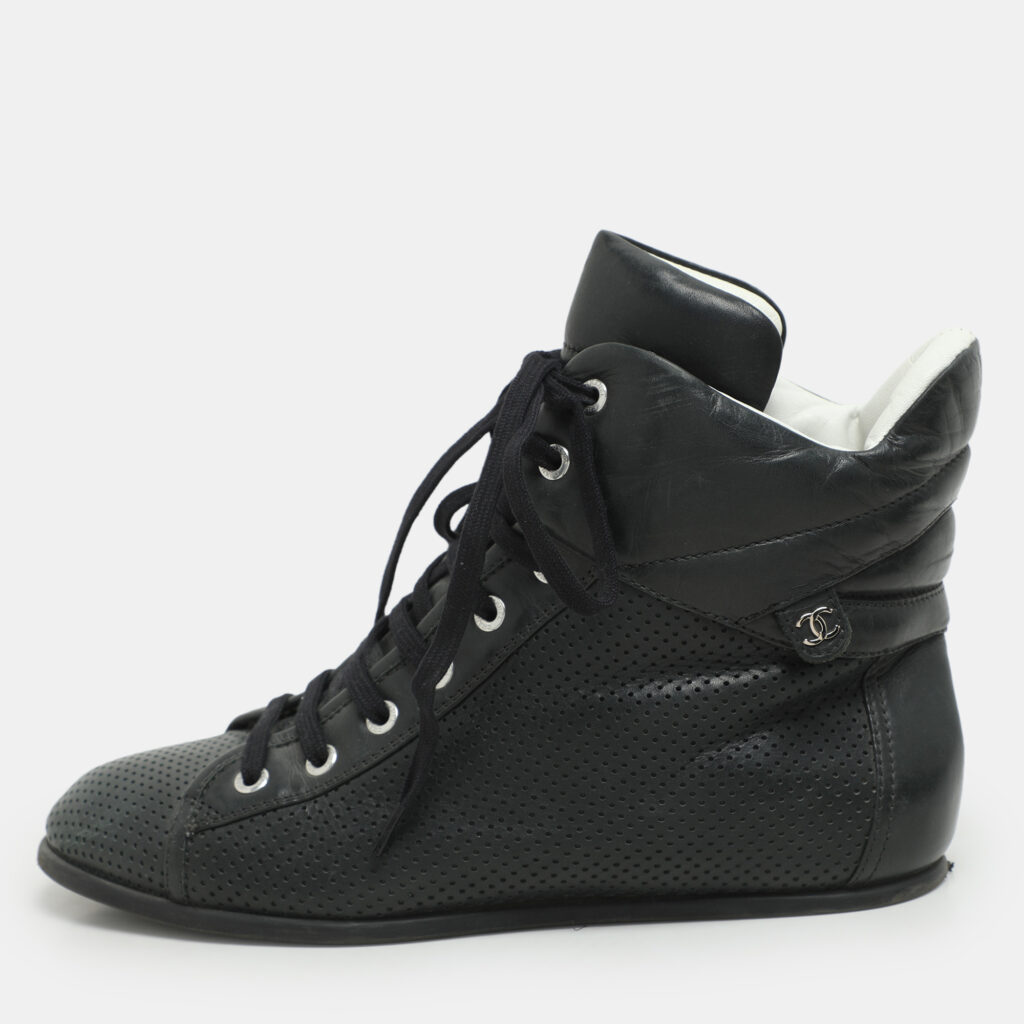 Chanel Dark Green Perforated Leather CC High Top Sneakers Size 38
