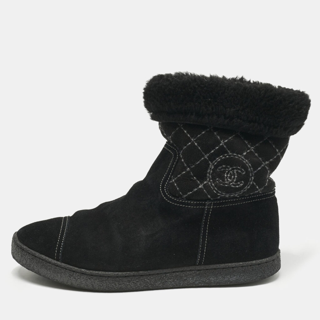Chanel Black Suede And Fur Chain Detail Ankle Boots Size 38