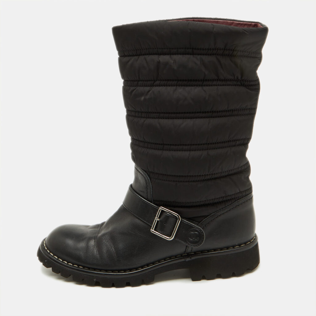 Chanel Black Nylon and Leather CC Logo Moto Calf Length Boots Size 39 Chanel Black Nylon and Leather CC Logo Moto Calf Length Boots Size 39