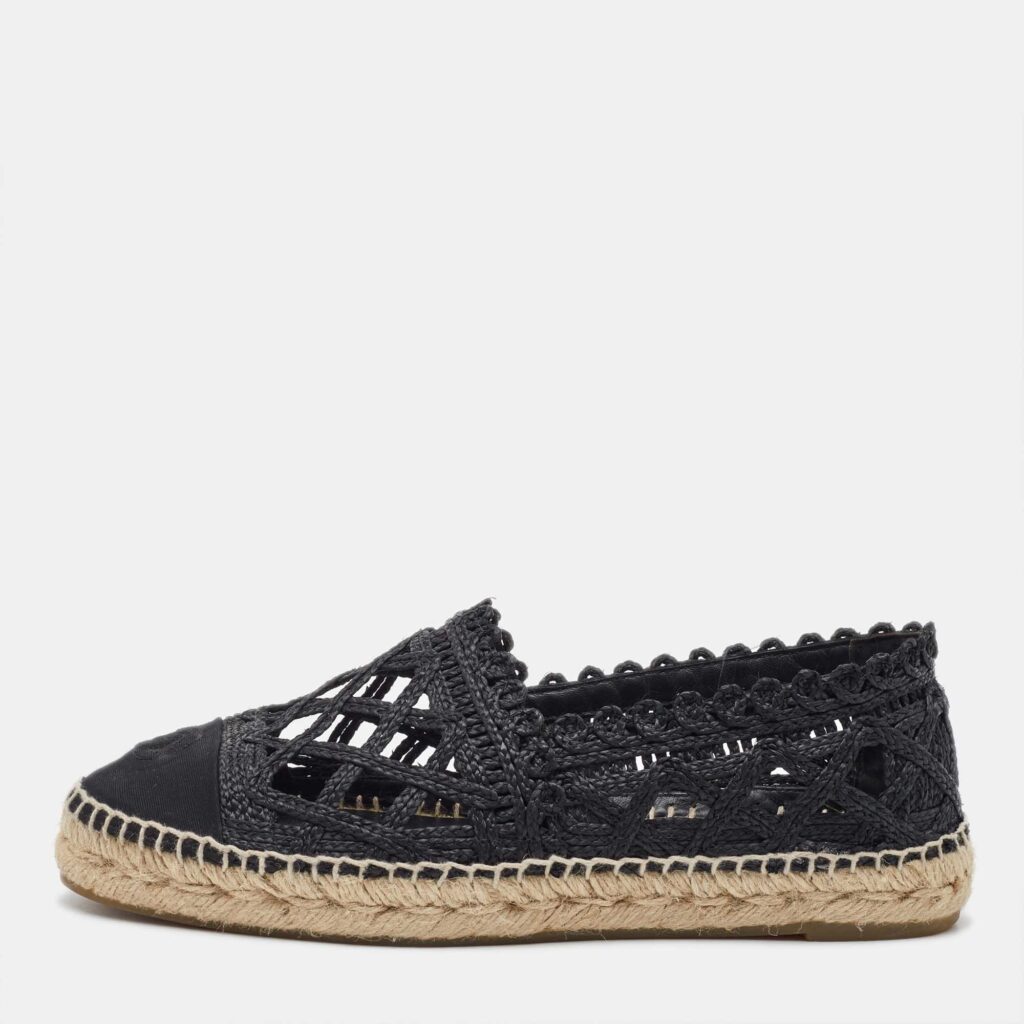 Chanel Black Woven Raffia and Canvas CC Cap Toe Espadrille Flats Size 39