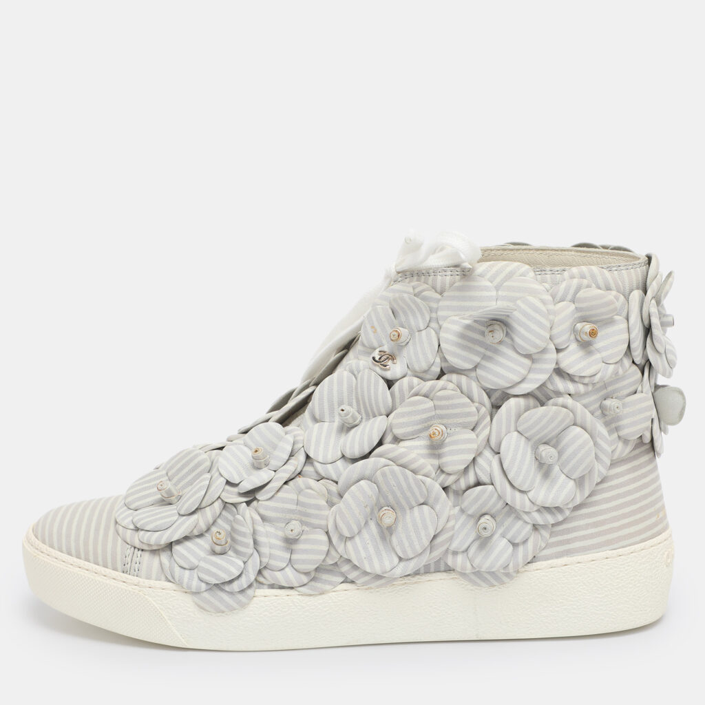 Chanel Grey Leather CC Camellia High Top Sneakers Size 38 Chanel Grey Leather CC Camellia High Top Sneakers Size 38