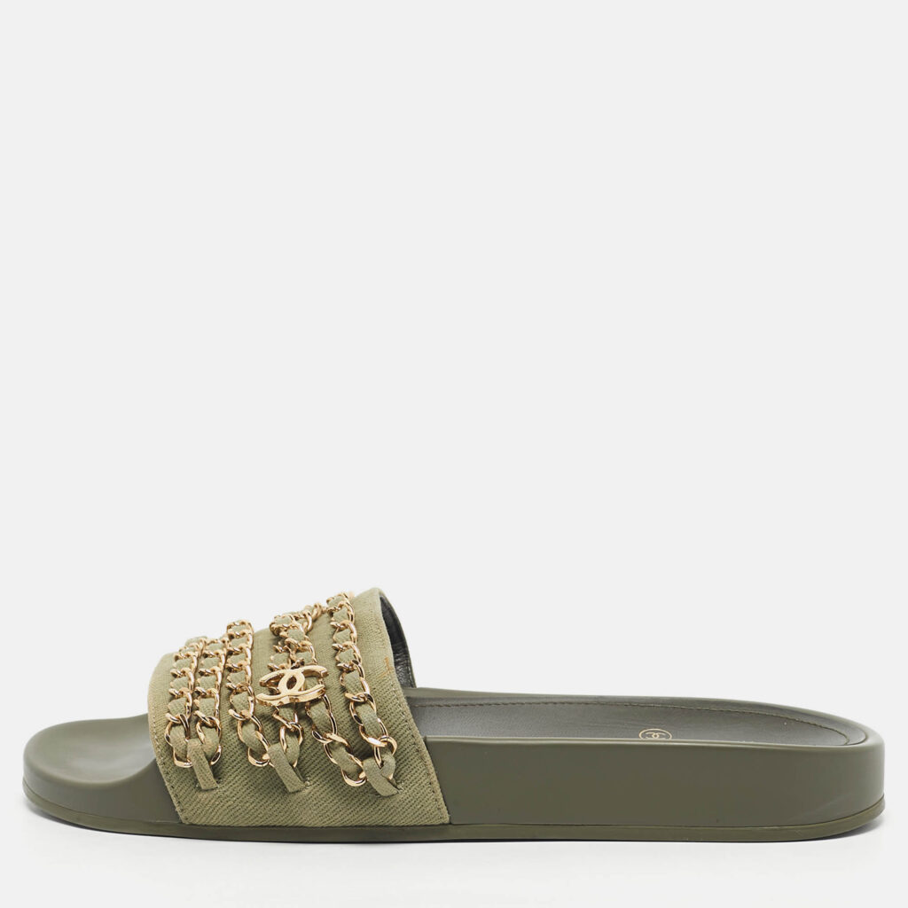 Chanel Green Canvas Tropiconic Chain Pool Slide Size 38 Chanel Green Canvas Tropiconic Chain Pool Slide Size 38