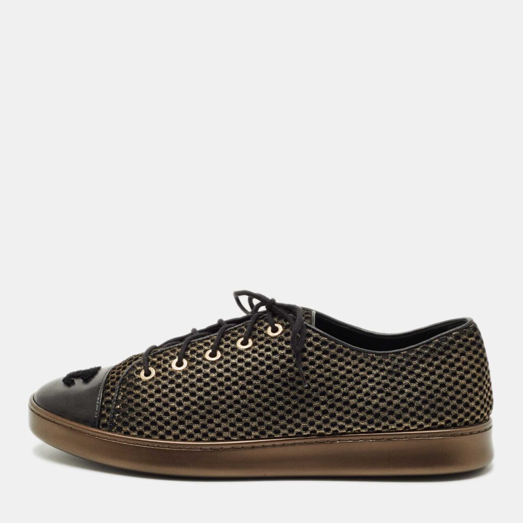 Chanel Gold/Black Mesh and Leather CC Low Top Sneakers Size 41.5