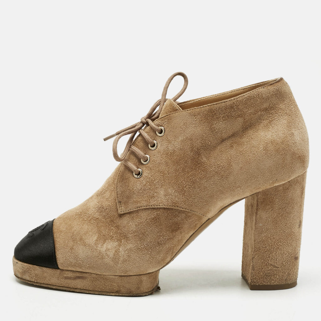 Chanel Beige/Black Suede Cap Toe Platform Ankle Boots Size 40.5