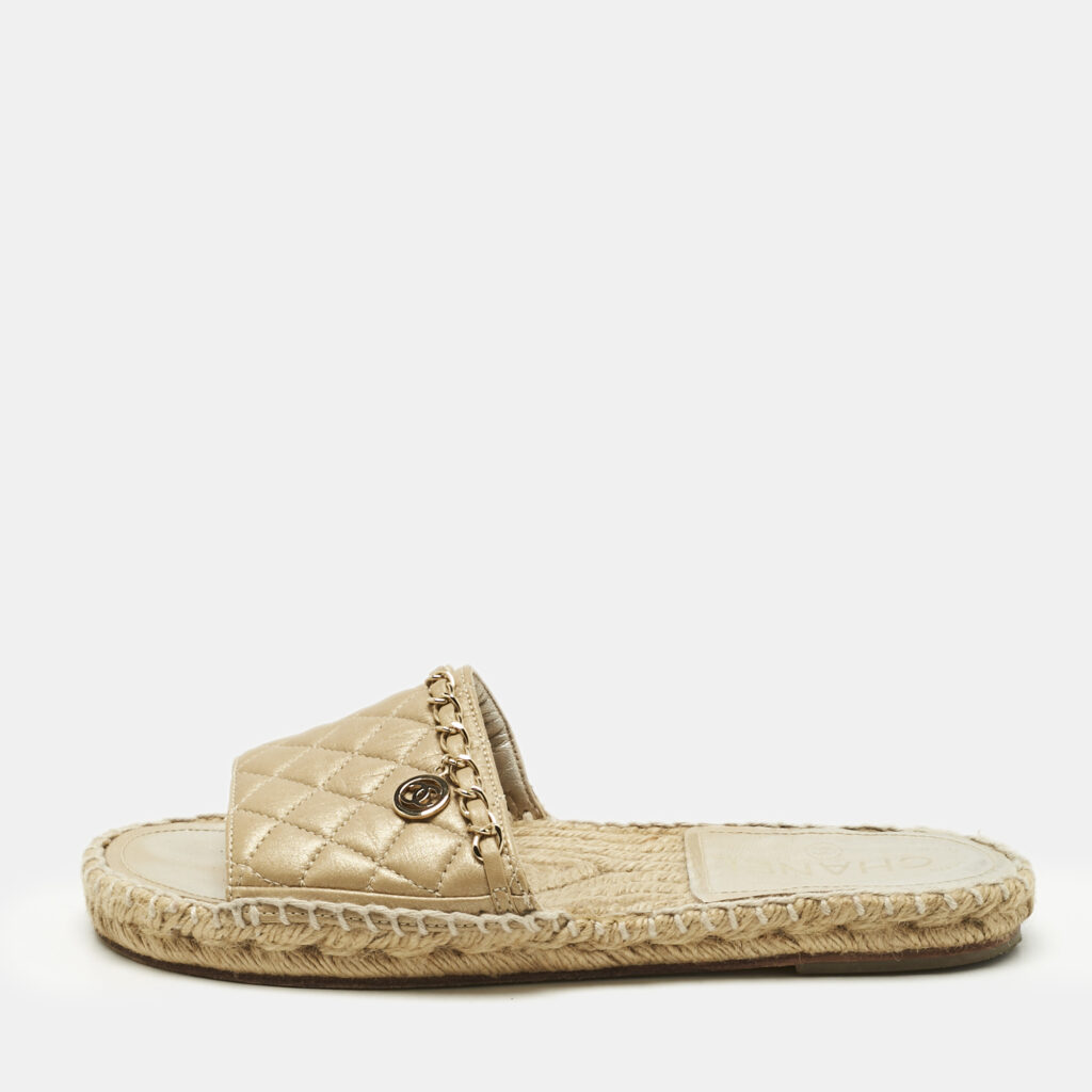 Chanel Gold Quilted Leather CC Chain Espadrille Flat Slides Size 36