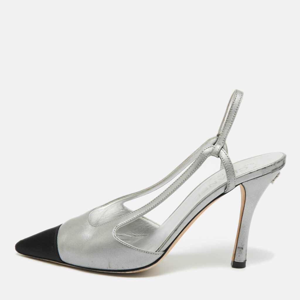 Chanel Black/Silver Leather and Canvas Pointed Toe Slingback Pumps Size 41 Chanel Black/Silver Leather and Canvas Pointed Toe Slingback Pumps Size 41