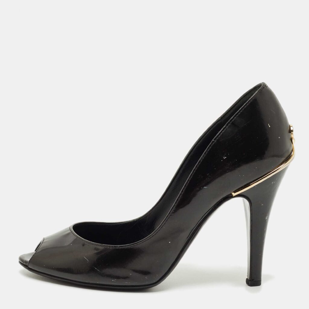 Chanel Black Patent Leather CC Peep Toe Pumps Size 34 Chanel Black Patent Leather CC Peep Toe Pumps Size 34