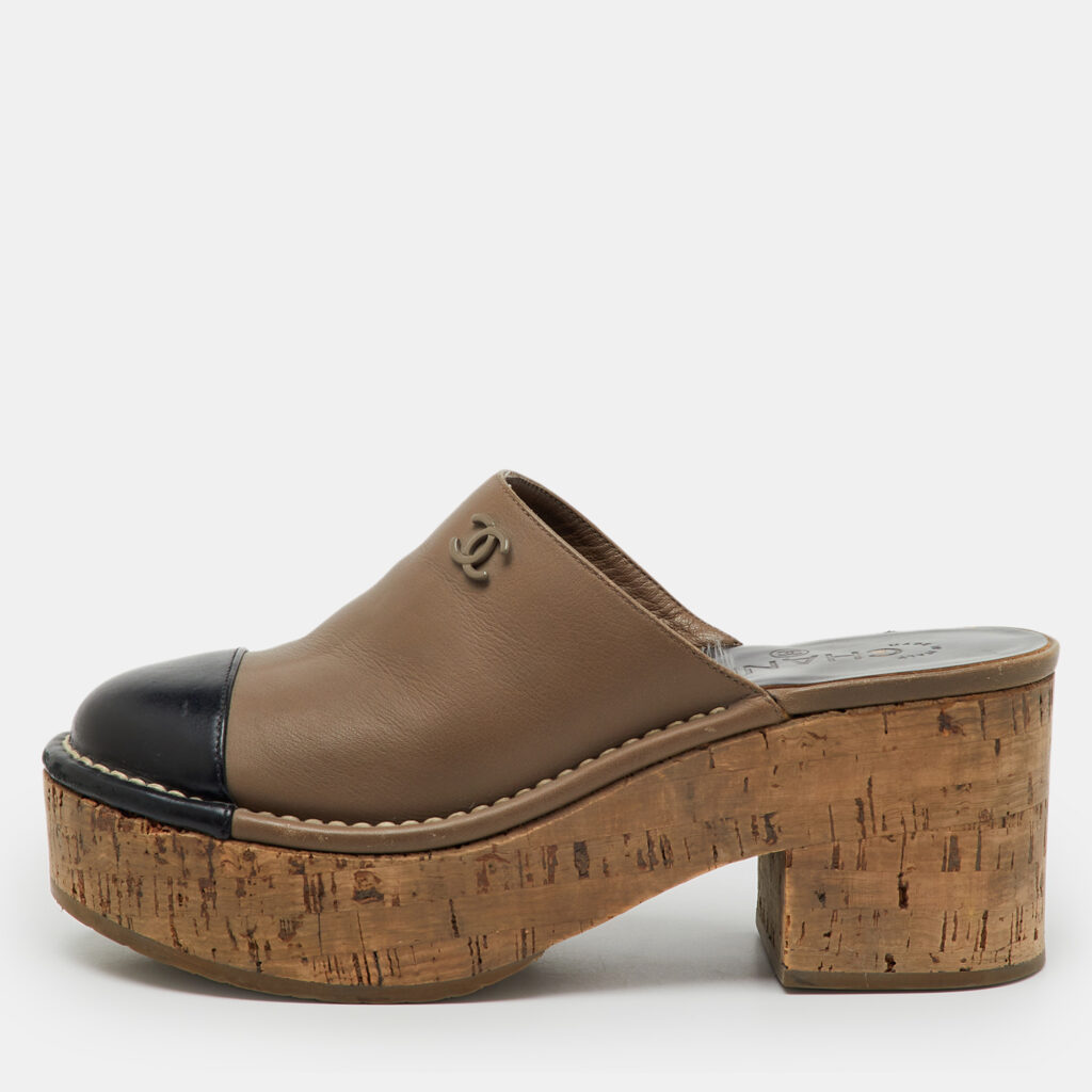 Chanel Brown/Black Leather CC Cap Toe Cork Platform Mules Size 37
