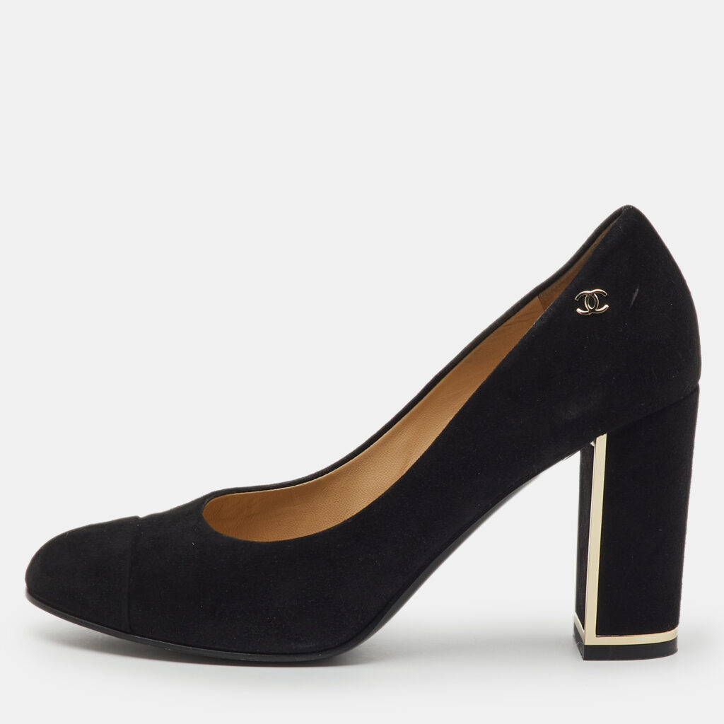 Chanel Black Suede CC Cap Toe Pumps Size 37.5