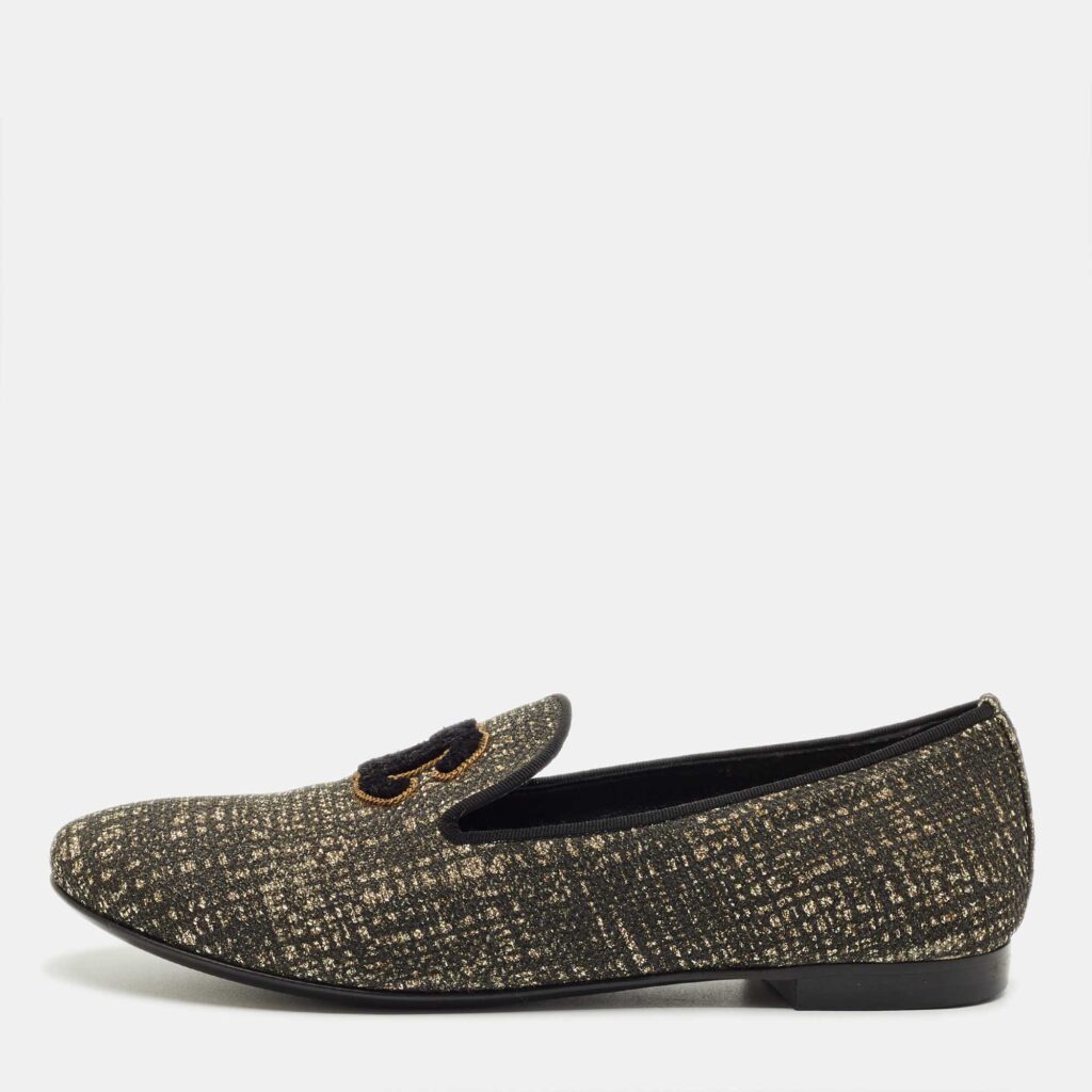 Chanel Black/Gold Lurex Fabric CC Smoking Slippers Size 35