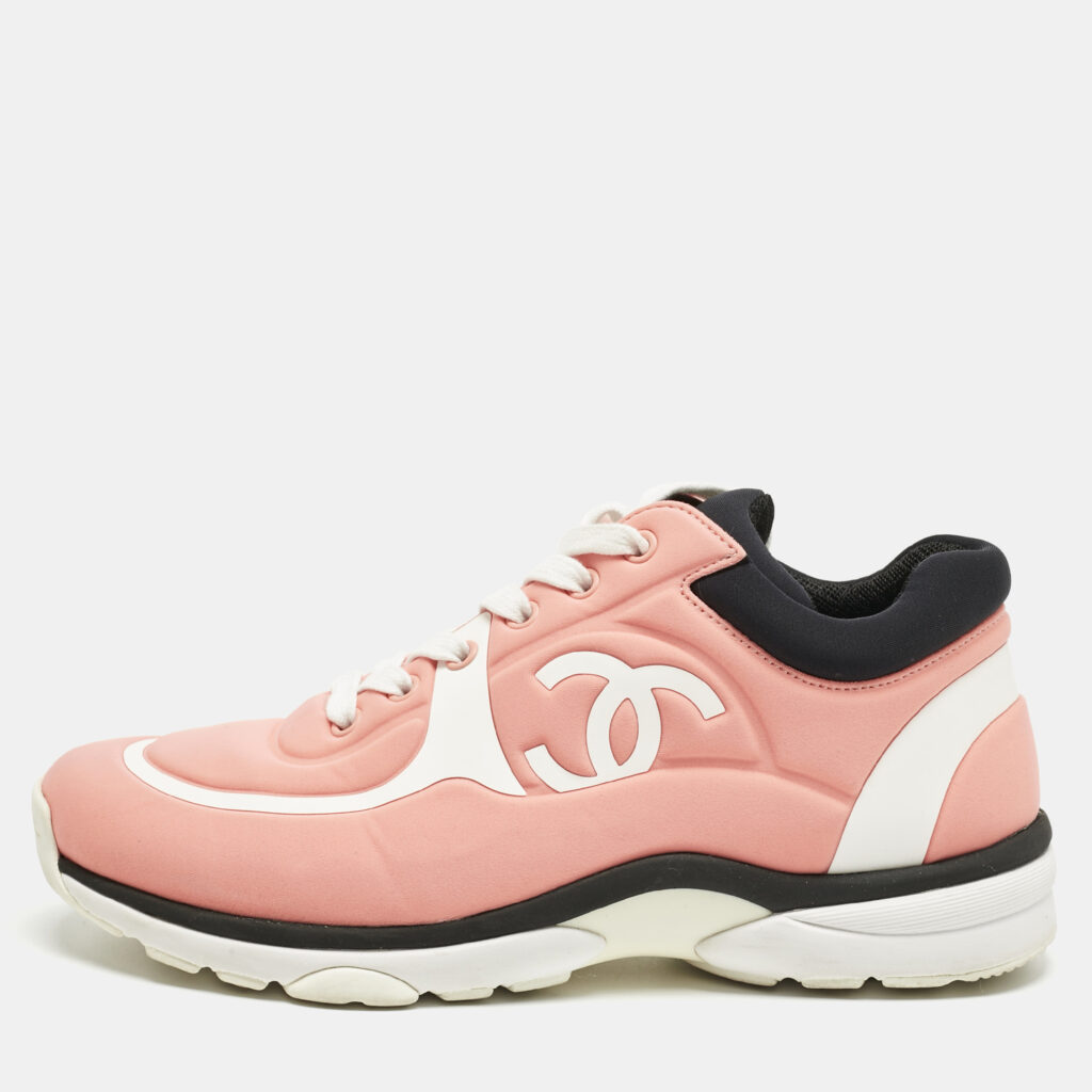 Chanel Pink/White Nylon CC Low Top Sneakers Size 38
