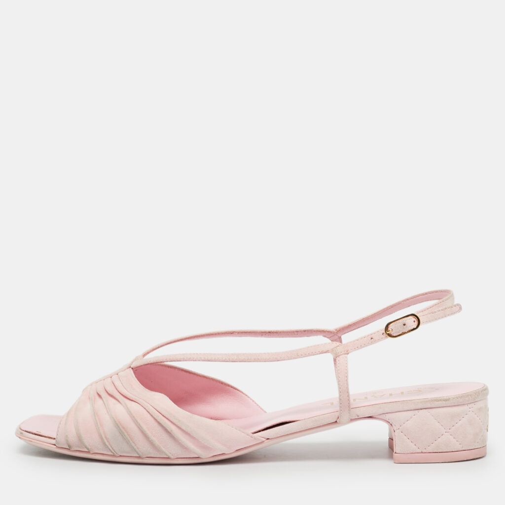 Chanel Pink Suede CC Ankle Strap Flat Sandals Size 40.5