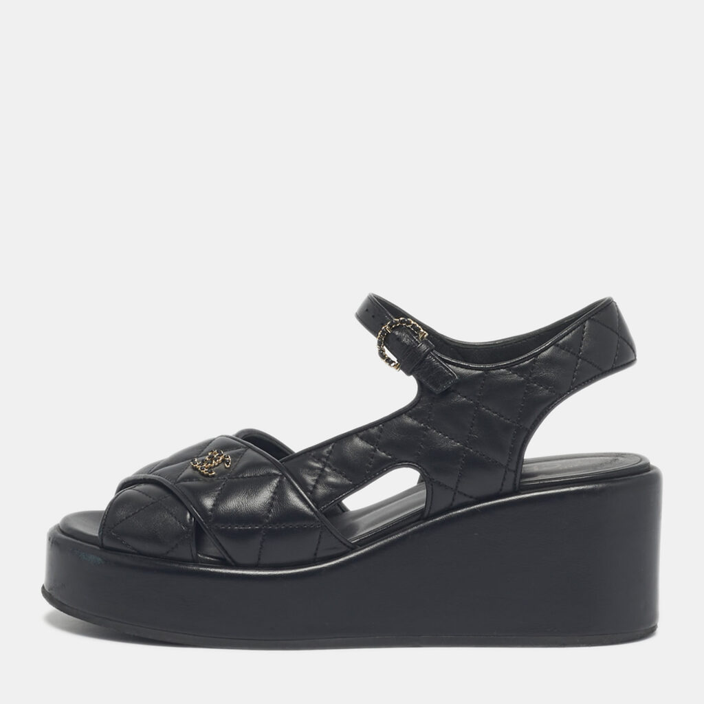 Chanel Black Leather Ankle Strap Wedge Sandals Size 40.5 Chanel Black Leather Ankle Strap Wedge Sandals Size 40.5