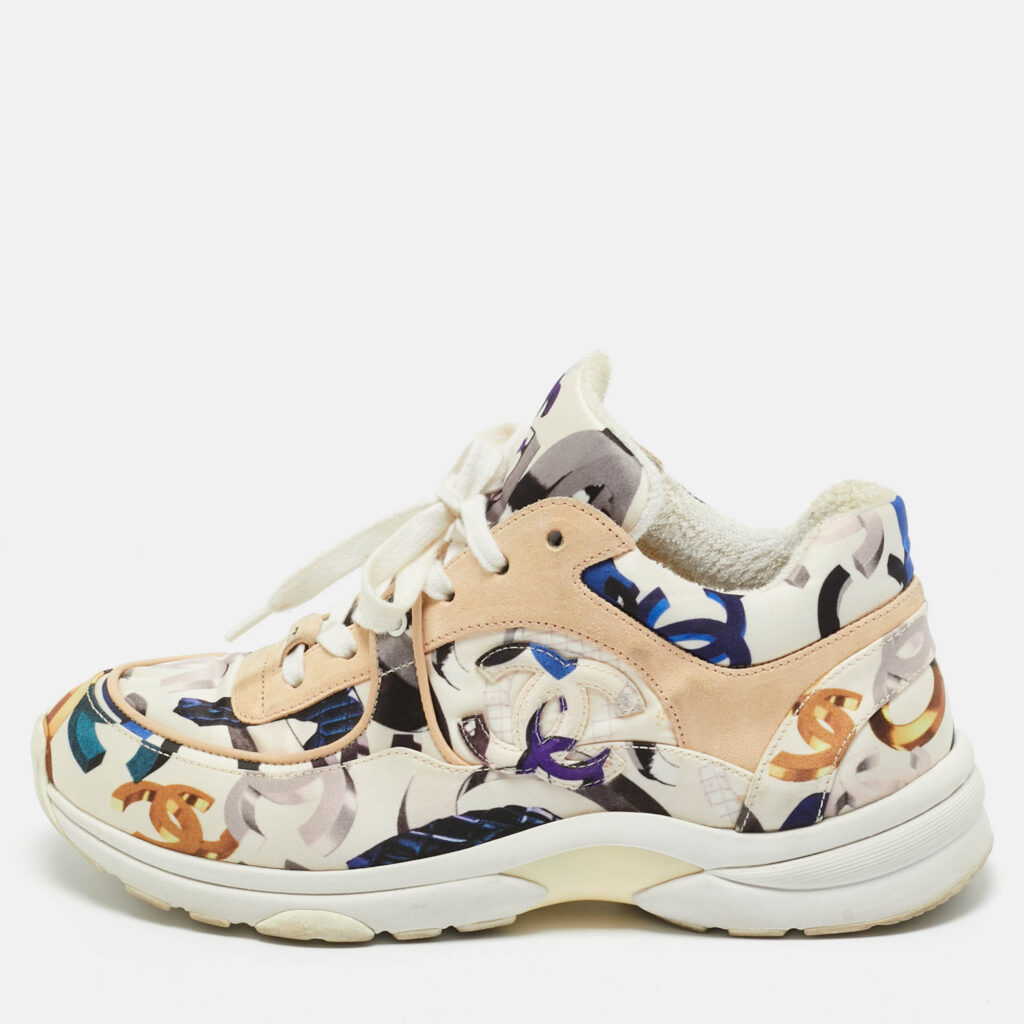 Chanel Multicolor CC Print Satin and Suede Lace Up Sneakers Size 40