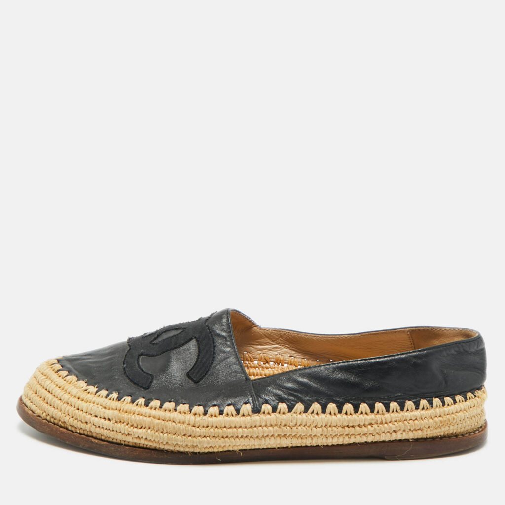 Chanel Black Leather CC Cap Toe Espadrille Flats Size 38