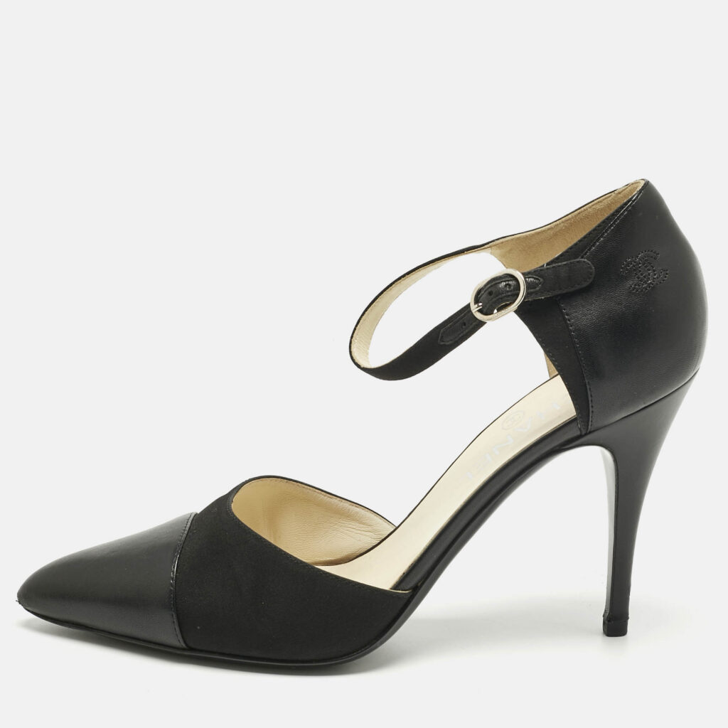 Chanel Black Leather and Canvas Pointed Toe Ankle Strap Pumps Size 40