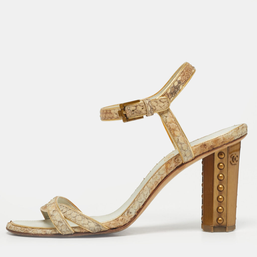 Chanel Beige Python Leather Ankle Strap Sandals Size 35.5