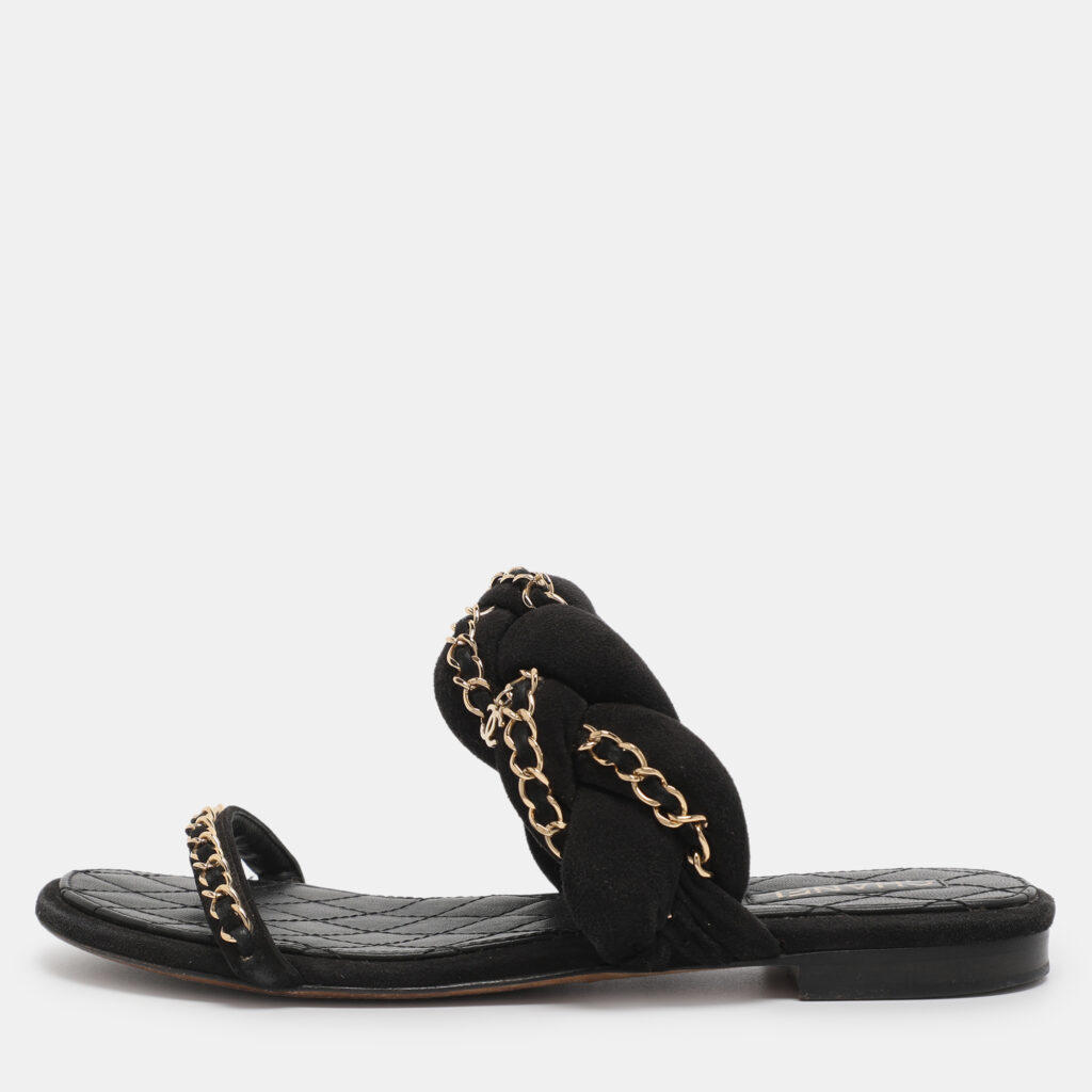 luxury-women-chanel-used-shoes-p1228773-001.jpg Chanel Black Suede Chain Embellished Flat Slides Size 36