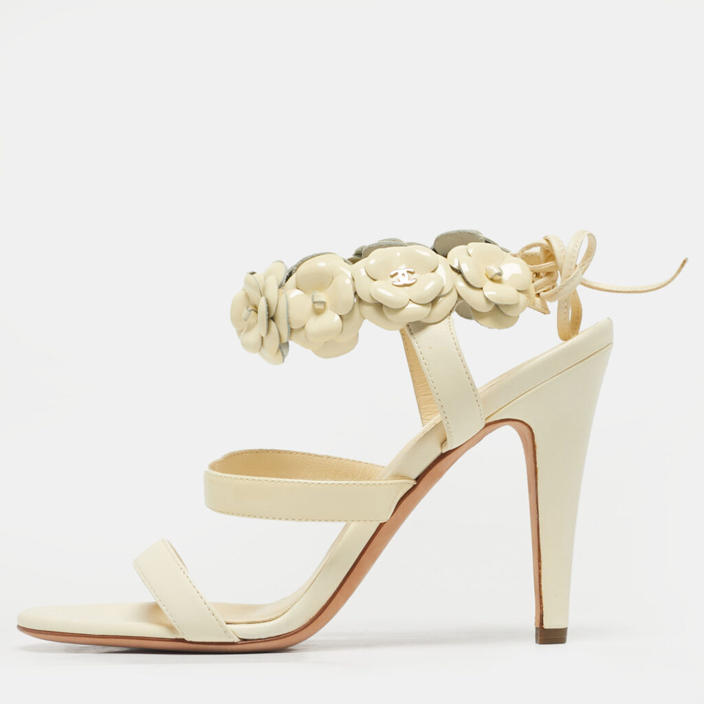 Chanel Cream Leather and Patent Leather Camellia Ankle Tie Sandals Size 36.5