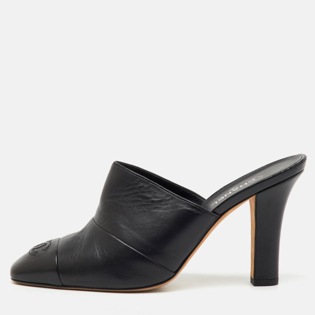 Chanel Black Leather CC Cap Toe Mules Size 39