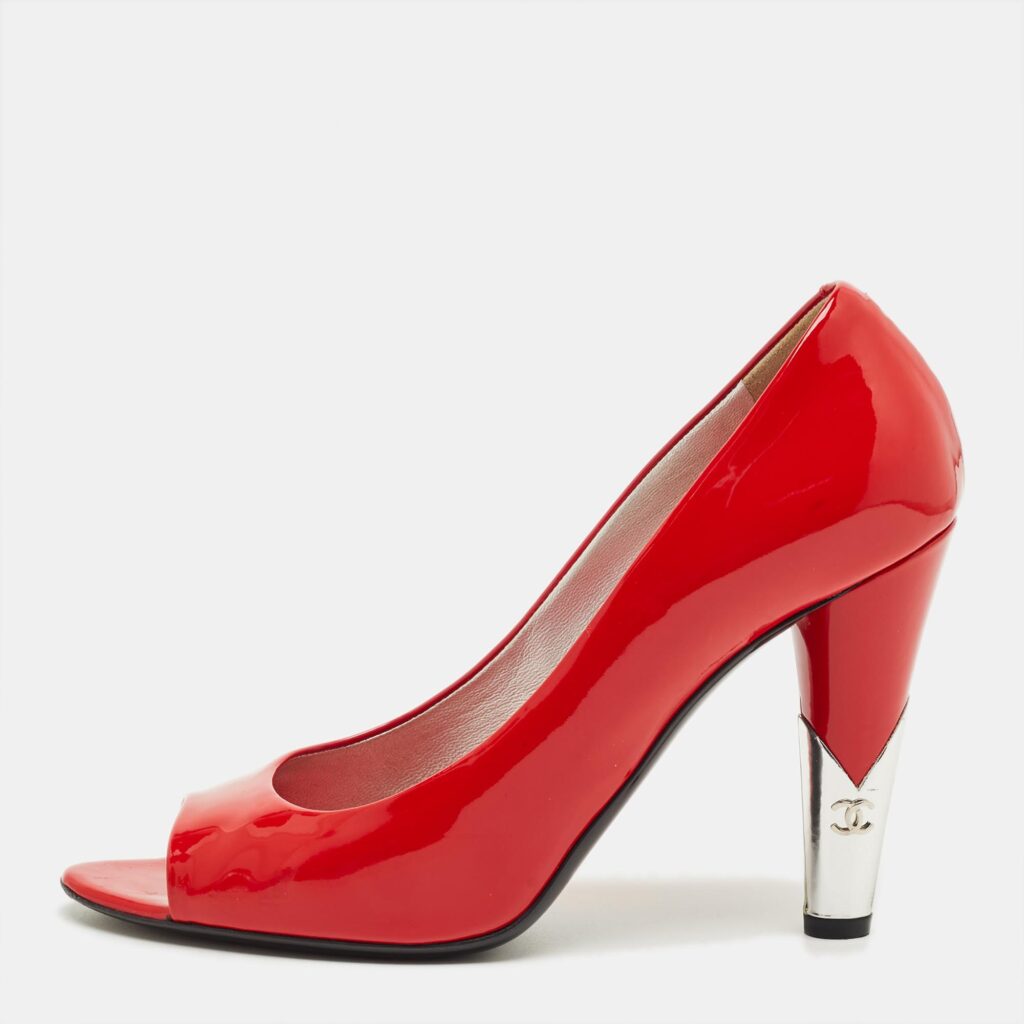 Chanel Red Patent Leather CC Peep Toe Pumps Size 38.5