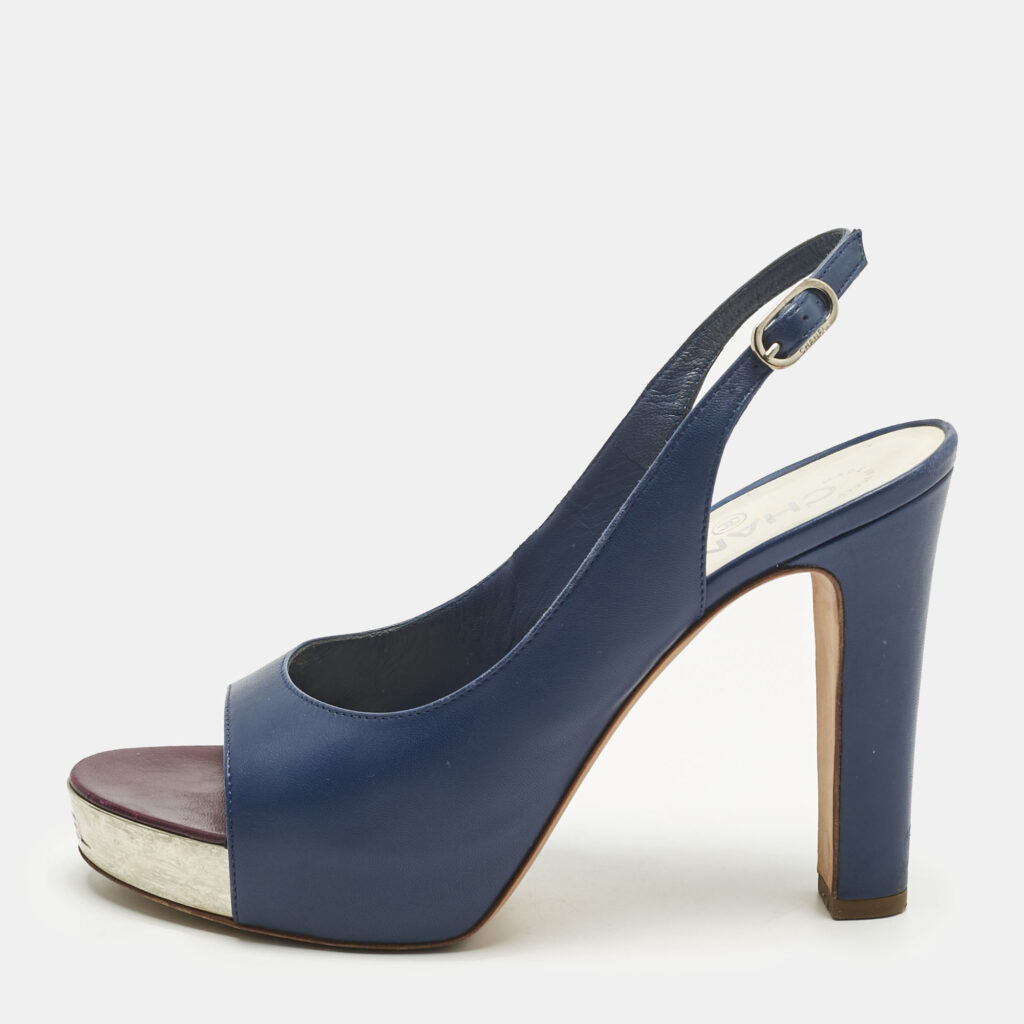 Chanel Navy Blue Leather CC Open Toe Platform Slingback Pumps Size 38