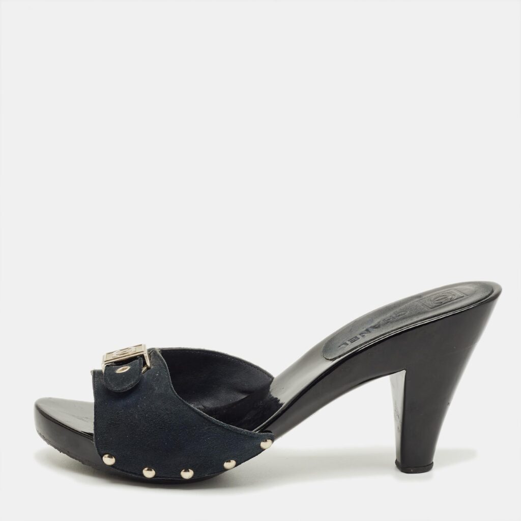 Chanel Black Suede CC Logo Slide Sandals Size 37