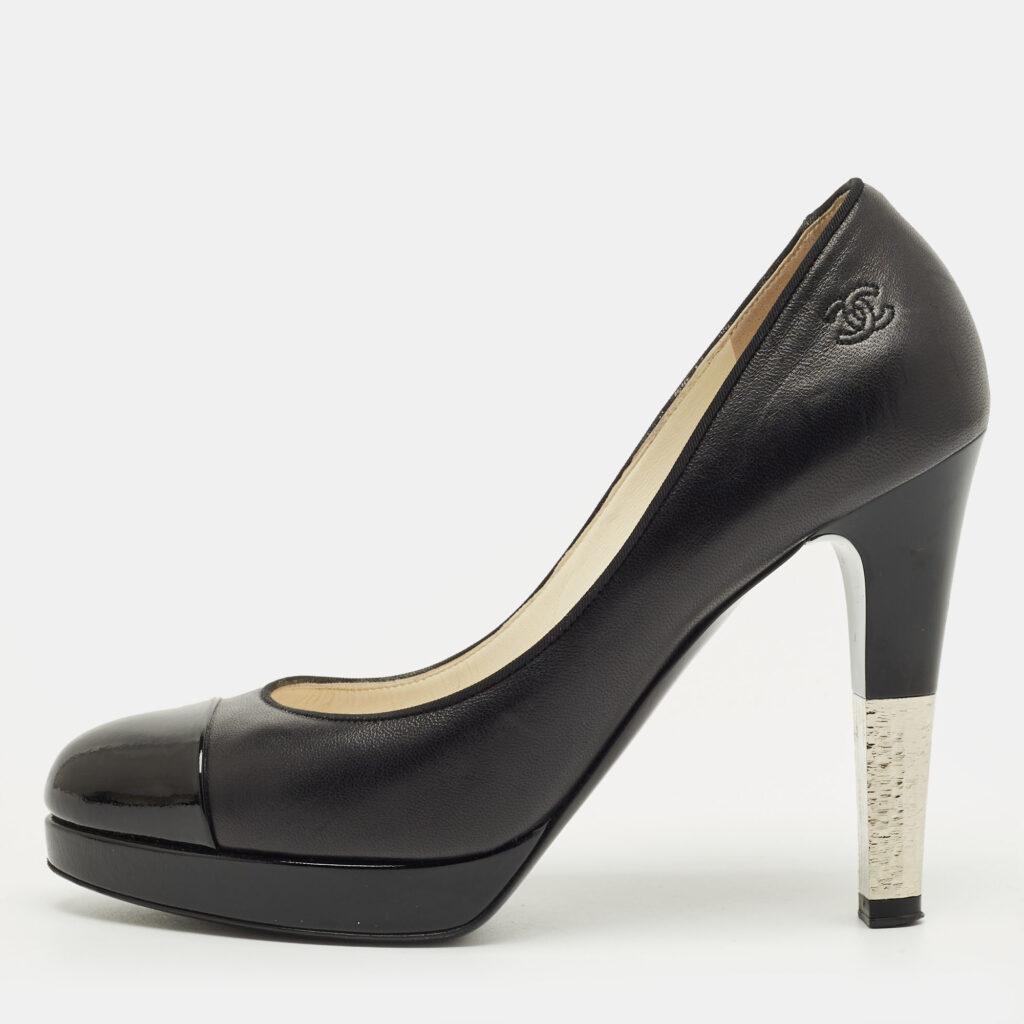 Chanel Black Leather and Patent Leather CC Cap Toe Platform Pumps Size 38 Chanel Black Leather and Patent Leather CC Cap Toe Platform Pumps Size 38