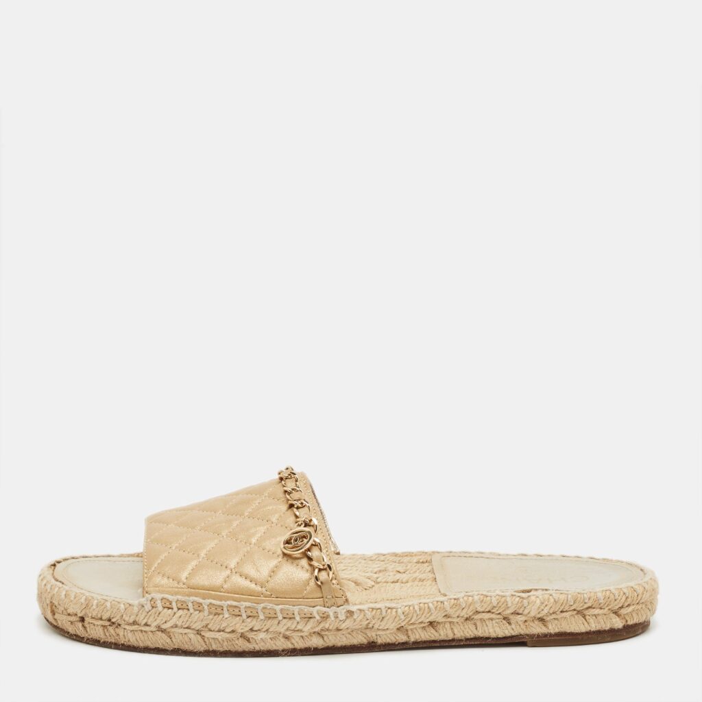 Chanel Gold Quilted Leather CC Chain Espadrille Flat Slides Size 40