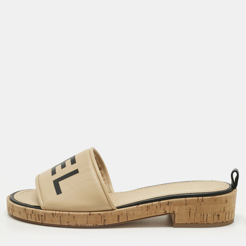 Chanel Beige Logo Leather Cork Slide Sandals Size 39.5
